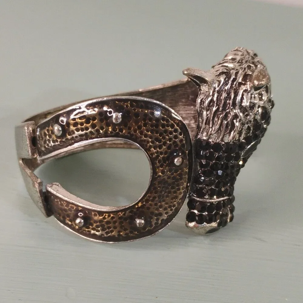 Chunky Equestrian Silver Tone Rhinestone Hinged Cuff Bracelet Horse/Horseshoe